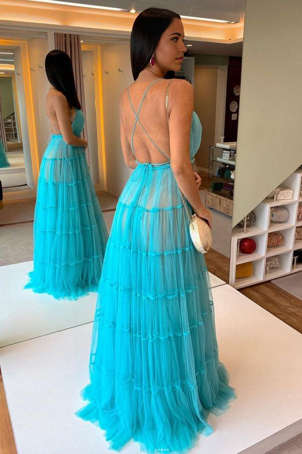 A-line V Neck Tulle Long Prom Dress Blue Tulle Formal Dress