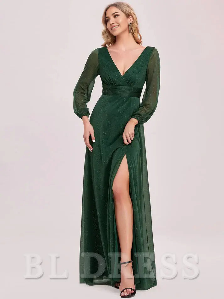 A Line V-Neck Long Sleeve evening gown formal dress Prom Dresses With Slit