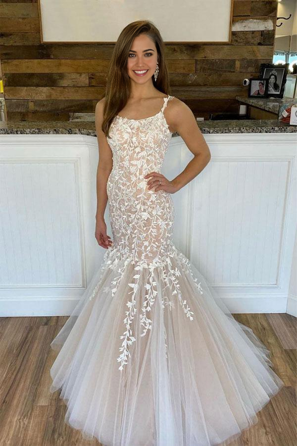 Mermaid Champagne Tulle Lace Long Prom Dresses Evening Dresses