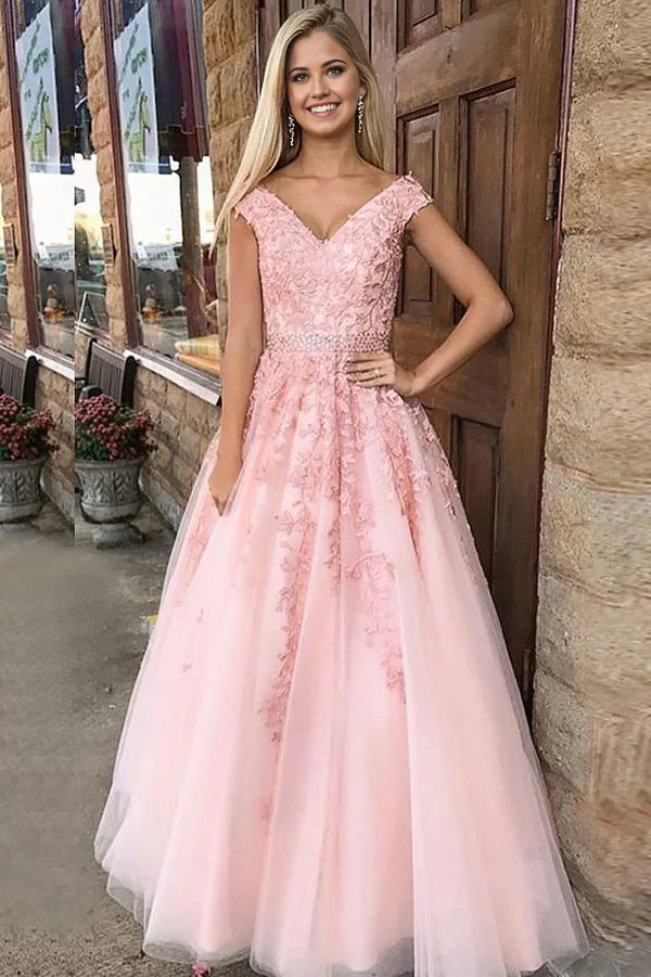 A-line Tulle Princess V-Neck Floor-Length Long Prom Dresses with Appliques