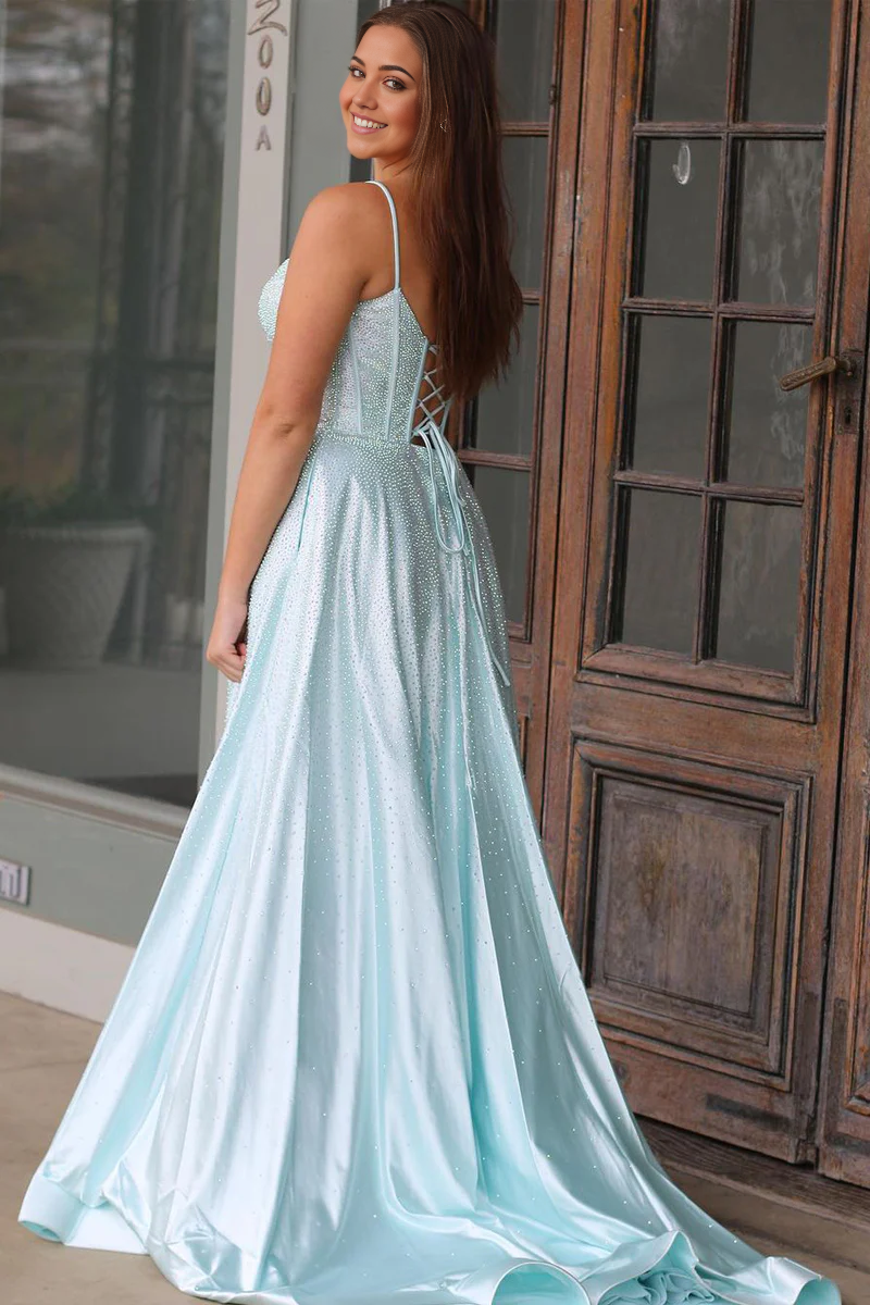 A Line V Neck Cute Mint Satin Long Prom Dress with Beading