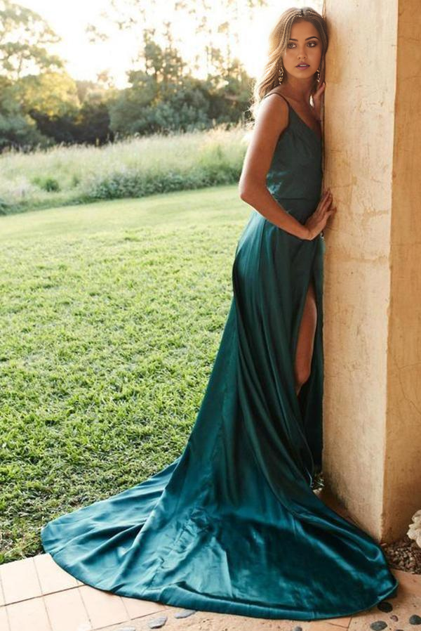 A-line Simple Satin Green Straps Long Prom Dresses with Split