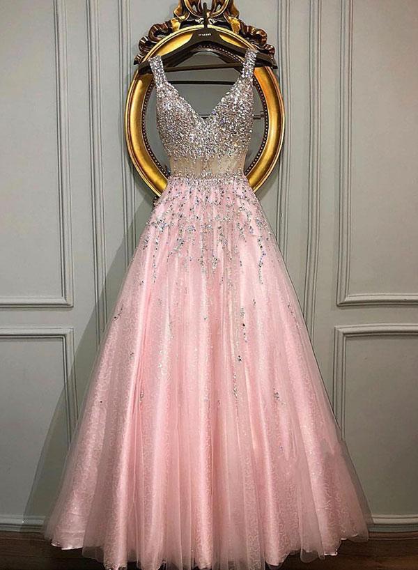 A-line V Neck Beaded Long Prom Dress Long Formal Evening Dress