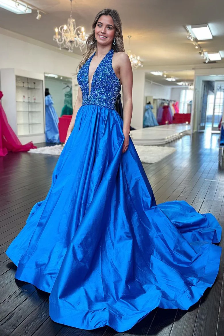 A-Line Deep V-Neck Goegeous Blue Long Satin evening gown Prom Dress with Sequin