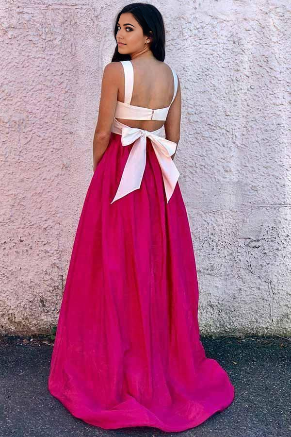 Two Piece Scoop Fuchsia Satin Prom Dress Formal Dress
