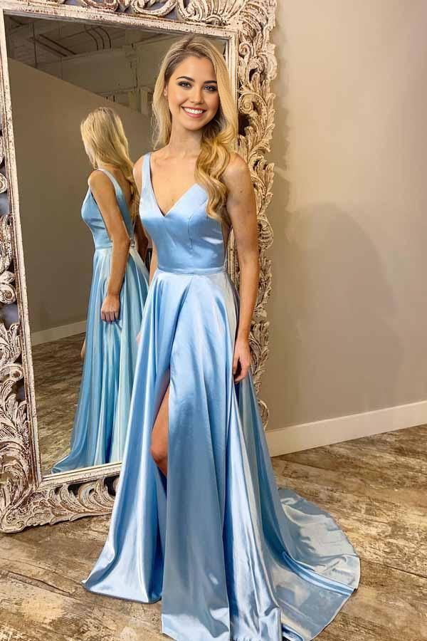 A-Line V-Neck Sweep Light Blue Train Prom Dress with Split