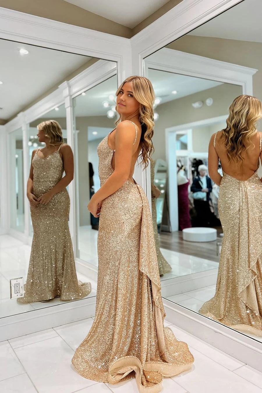 Mermaid Charming V Neck Champagne Sequins Long evening gown formal dresses Prom Dresses