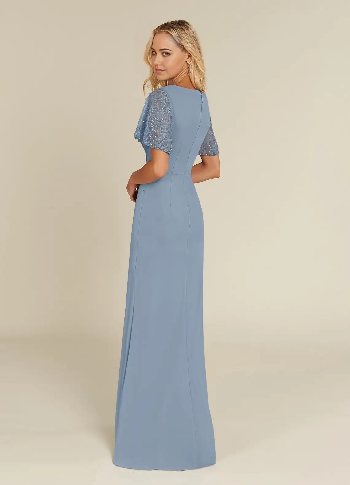 A-Line V-Neck Lace Chiffon Dusty Blue formal dresses evening dress Mother of the Bride Dresses