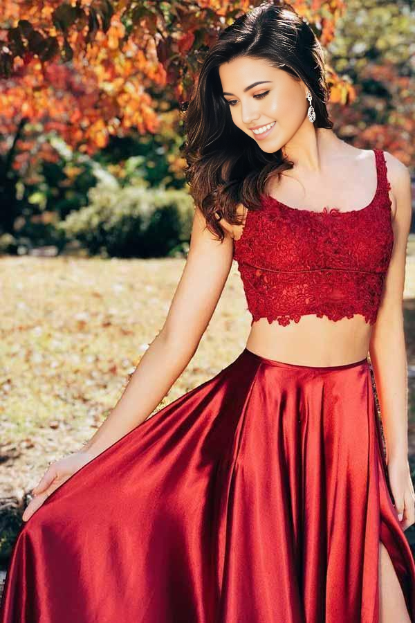 Two Pieces Scoop Sleeveless Burgundy Split Criss Cross Back Prom Dress