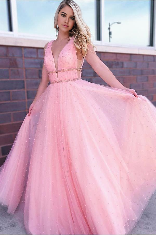 Beaded Sky Blue V Neck Long Prom Dresses Pearls Tulle Cute Prom Dress