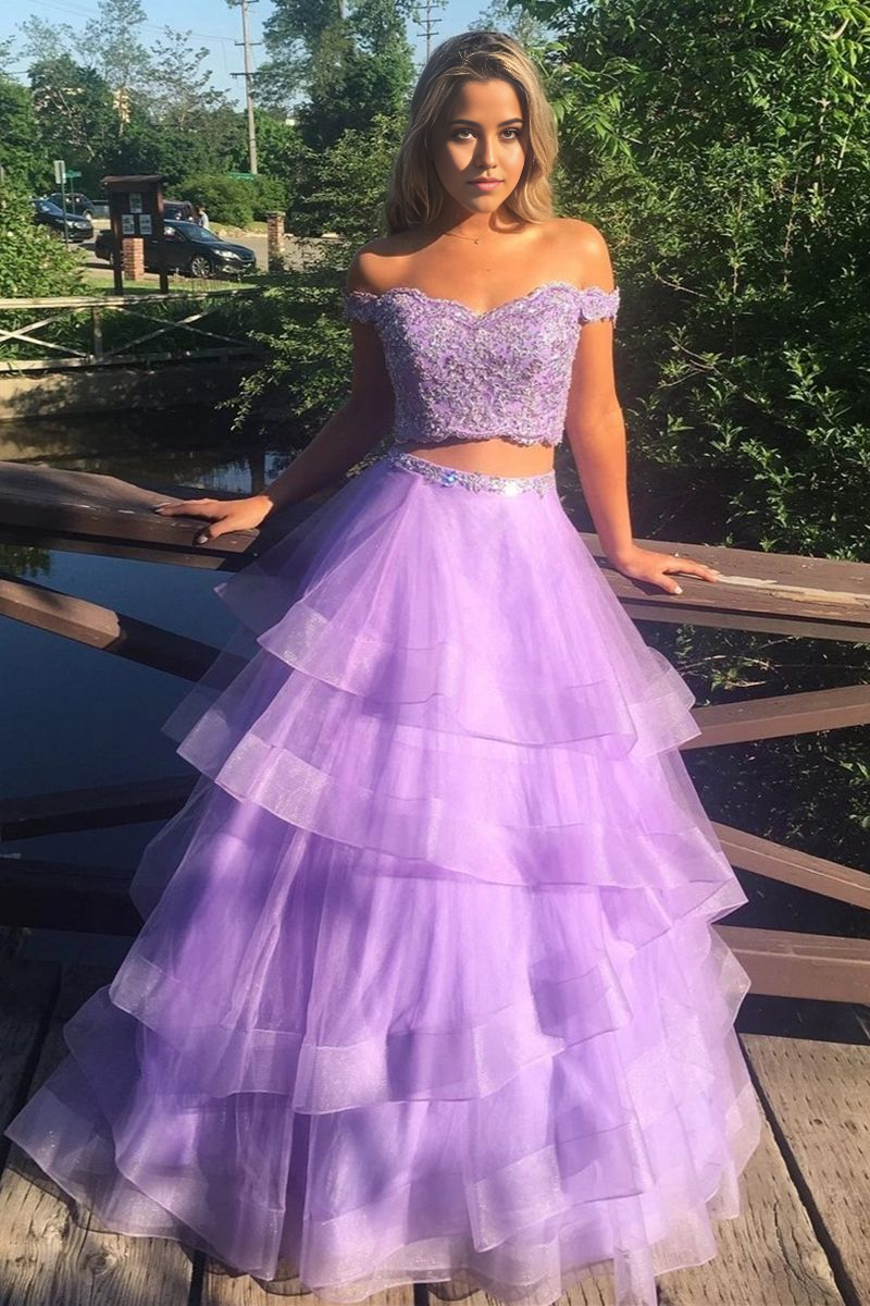 Two Pieces A-Line Off Shoulder Lace Appliques Wisteria evening gown Long Prom Dresses