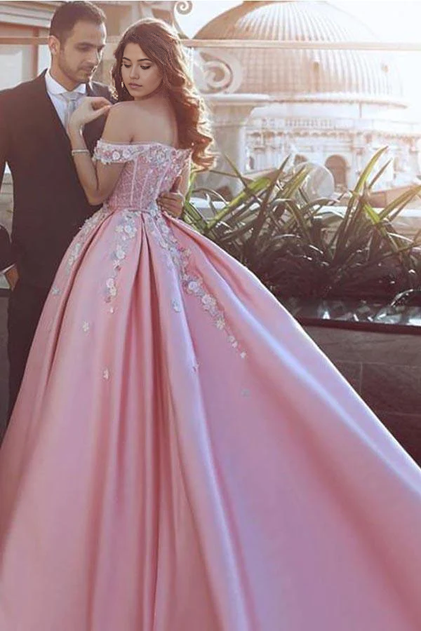 A-line Off-the-Shoulder Pink Satin Ball Gown Prom Dress with Appliques