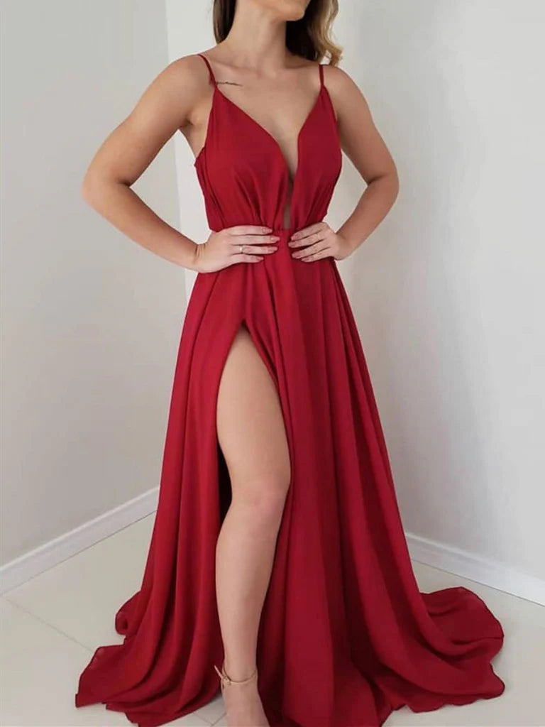 Simple V Neck Chiffon Long Prom DressFormal Evening Dress With Slit