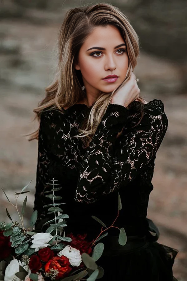 Boho A-Line Lace Appliqued Black Bridal Gown Wedding Dress