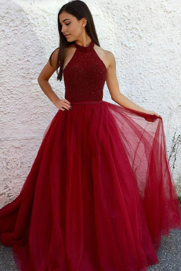A-Line Round Neck Floor-Length Tulle Red Prom Dress with Beading