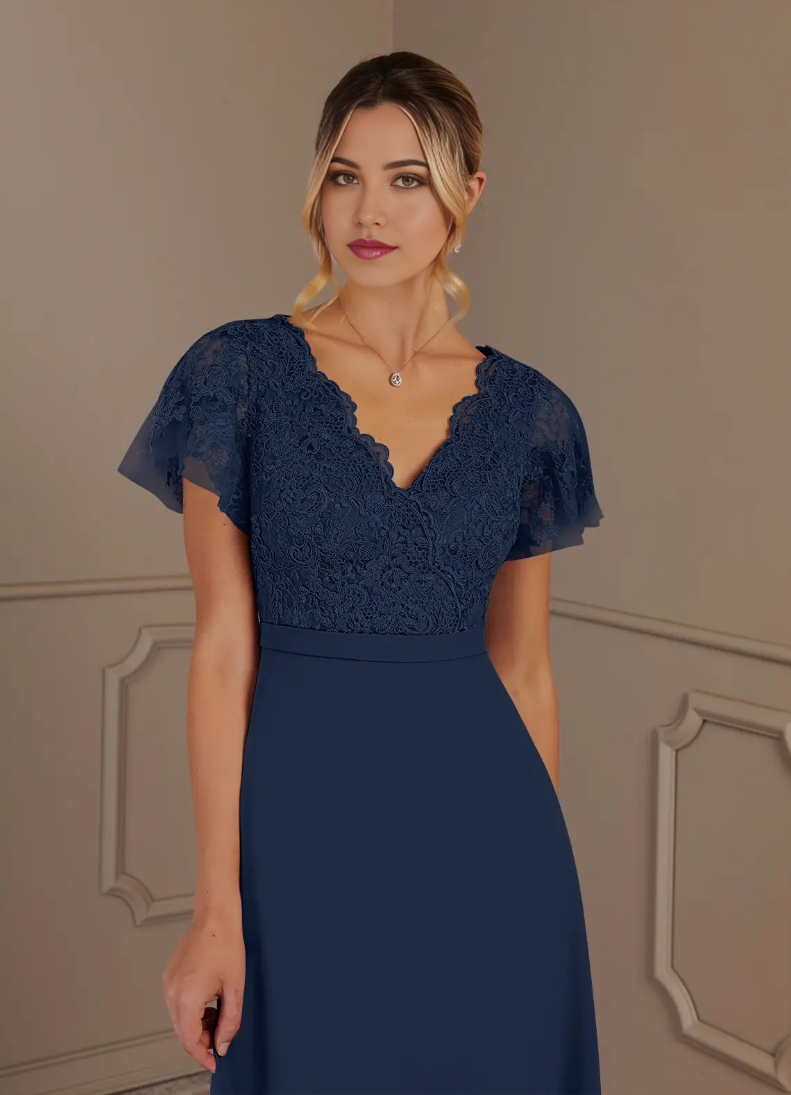 A-Line V-Neck Lace Chiffon Dark Navy Mother of the Bride Dresses