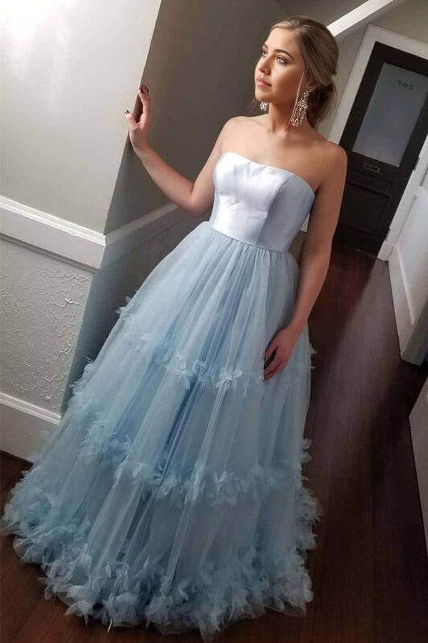 Strapless A-line Light Blue Ball Gown Prom Dress Evening Dress