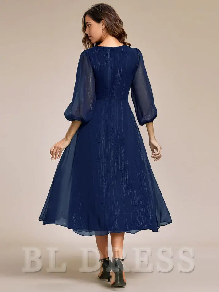 A Line Elegant Ruched V Neck Long Sleeves Tea-Length evening gown formal dress Prom Dresses