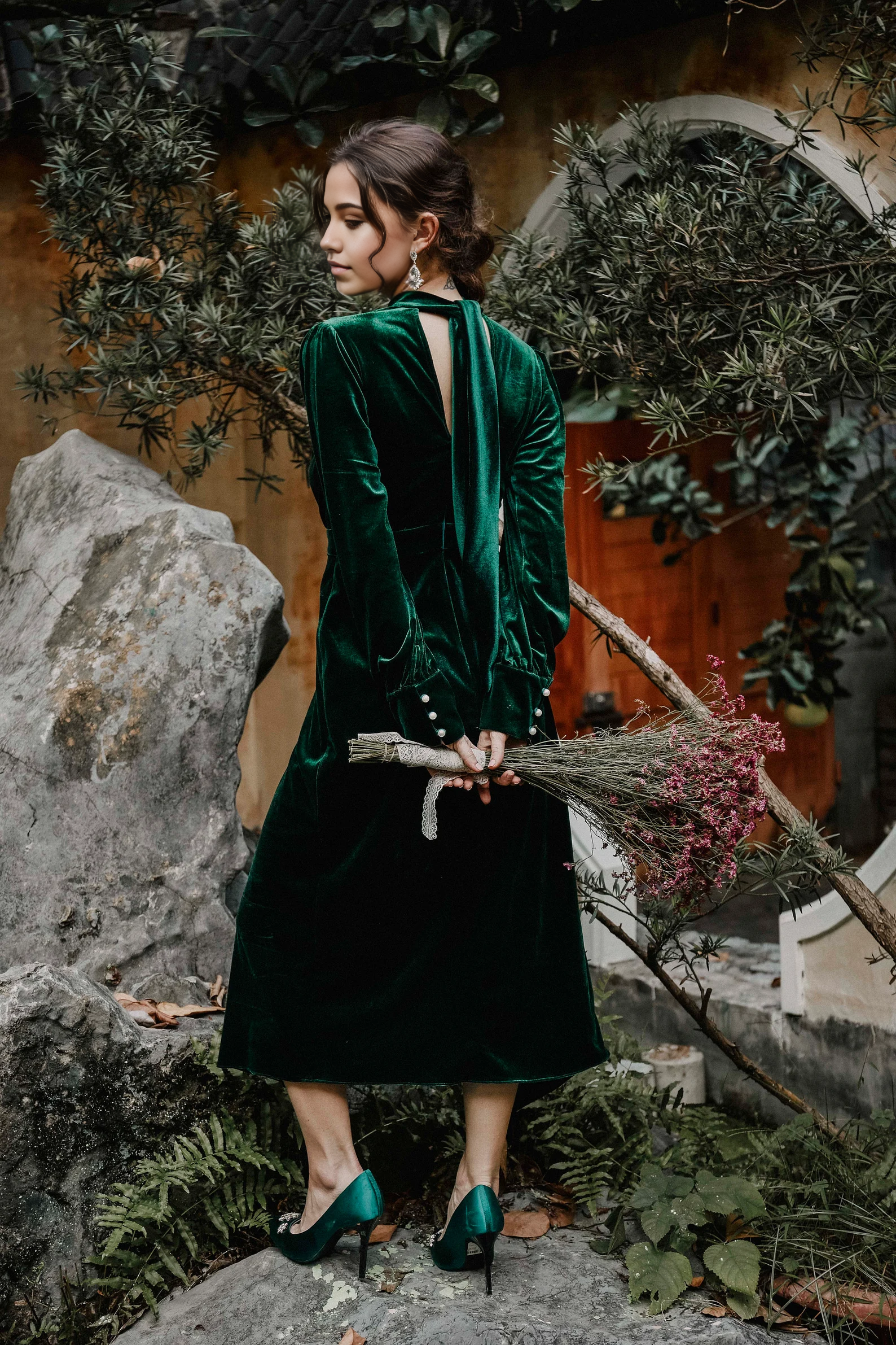 Elegant Long Sleeve Emerald Green Velvet formal dresses evening dress prom dresses