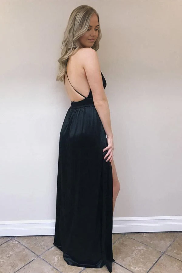 A-Line V Neck Sexy Silk Satin Prom Dresses With Side Slit