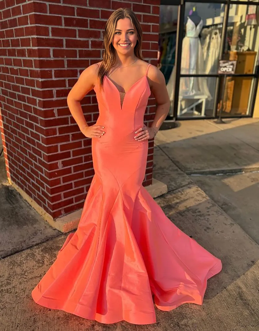Mermaid Spaghetti Straps Orange formal dresses evening gown Long Prom Dress
