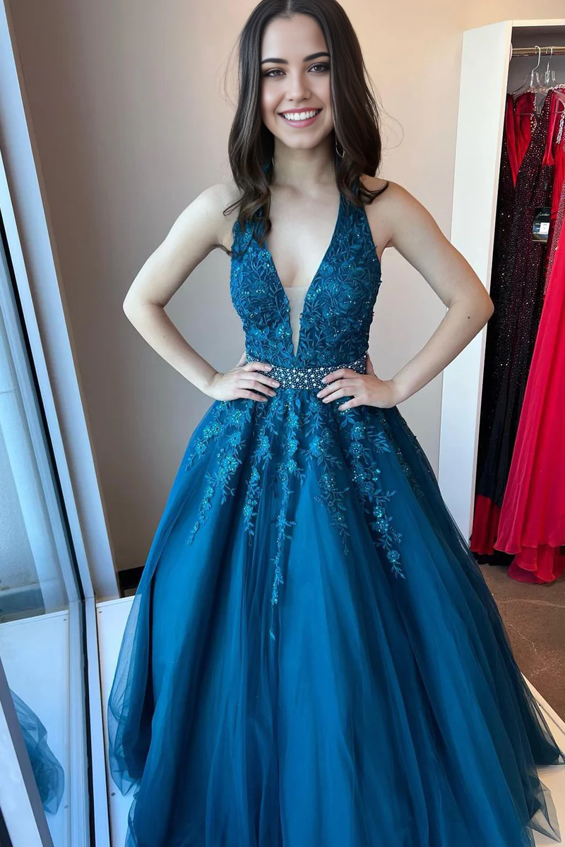 A-line V Neck Blue Tulle Cute Ball Gwon Prom Dresses with Lace