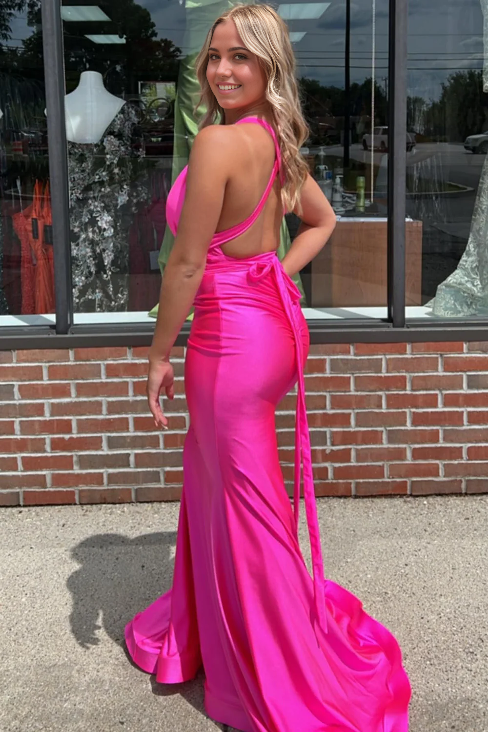Mermaid Deep V-neck Hot Pink formal dresses evening gown Prom Dress