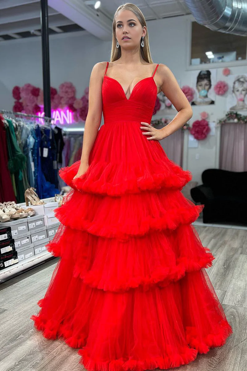 A Line V Neck Cute Red Tulle Long Prom Dresses