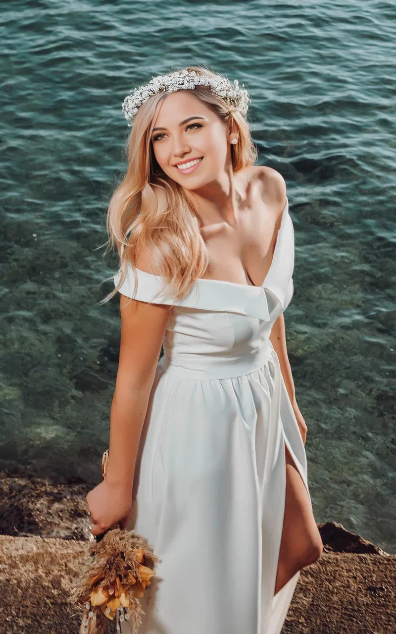 A-Line Off-the Shoulder Satin Wedding Dress Sleeveless With Split Front