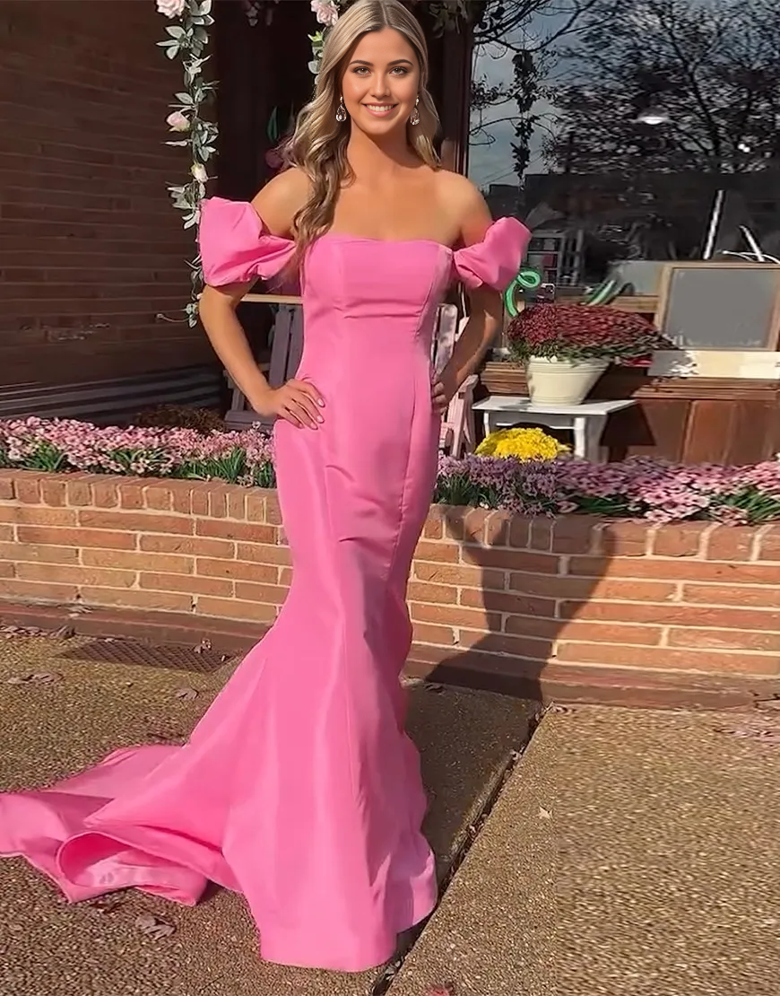 Mermaid Off the Shoulder Pink formal dresses evening dress Long Prom Dress