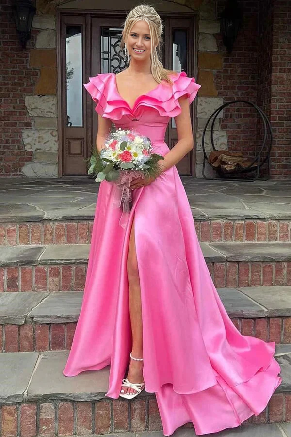 A-line V-neck Silky Satin Long Prom Dresses With Ruffles