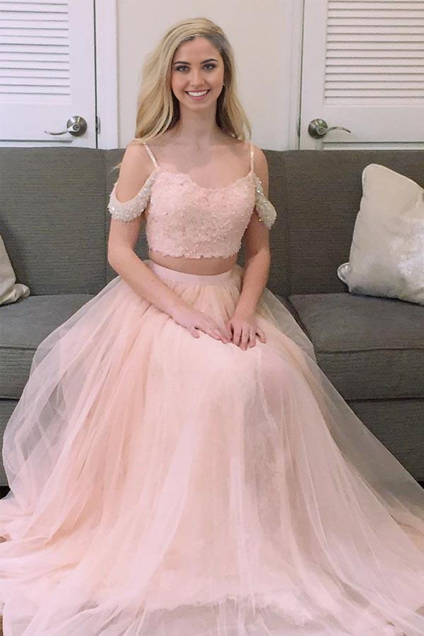 Two Piece Princess Pink Tulle Long Prom Dress Evening Dress