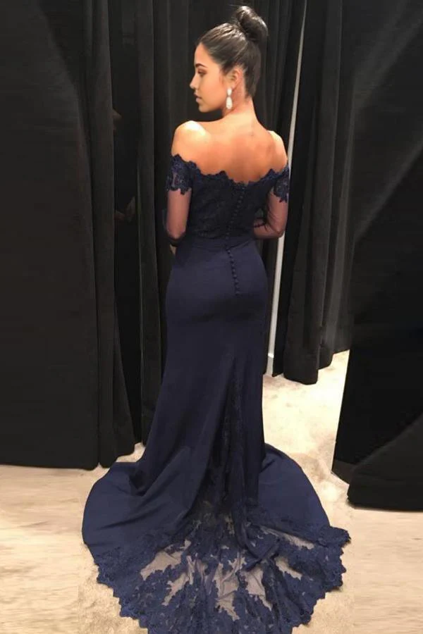 Mermaid Off The Shoulder Navy Blue Long Prom Dresses with Long Sleeves