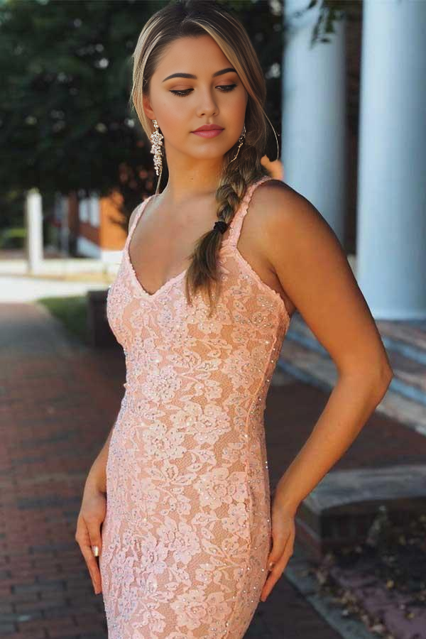 Mermaid V-neck Beading Sleeveless Lace Backless Pink Prom Dress