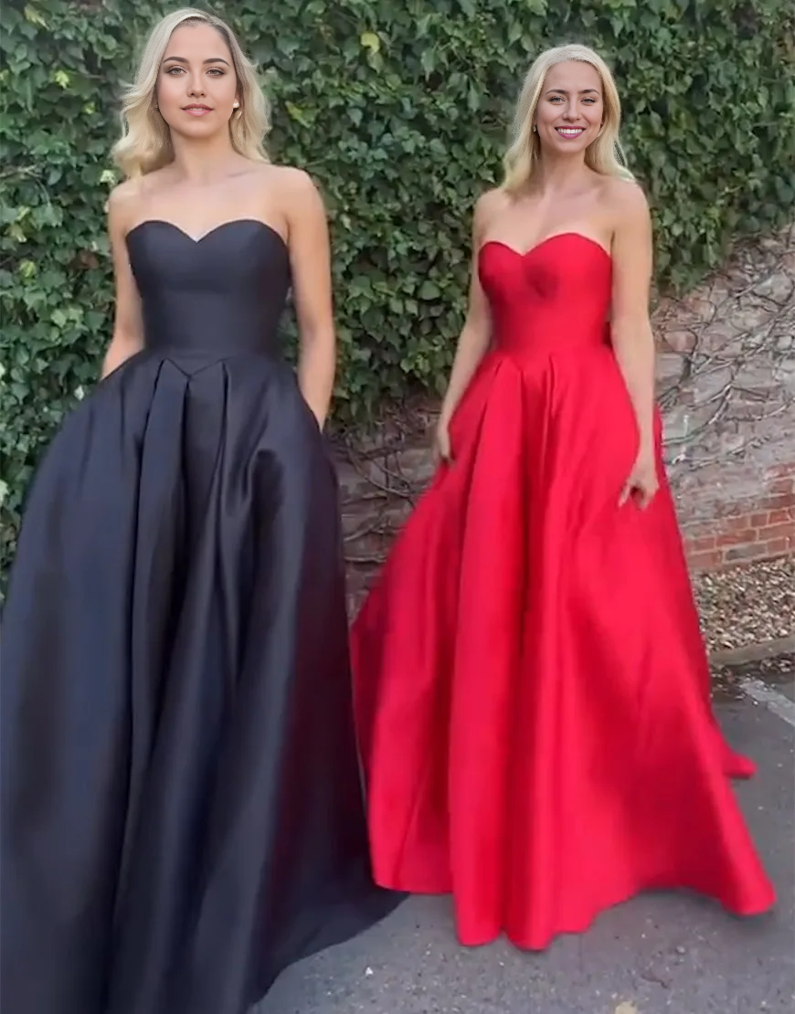 A-Line Strapless Black Satin Long formal dresses evening dress Prom Dress with Bow