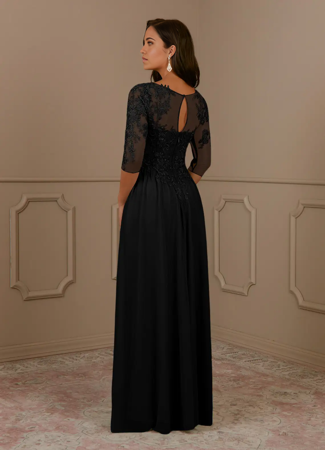 A-Line Crew Neck Scoop lace Appliques Black Mother of the Bride Dresses