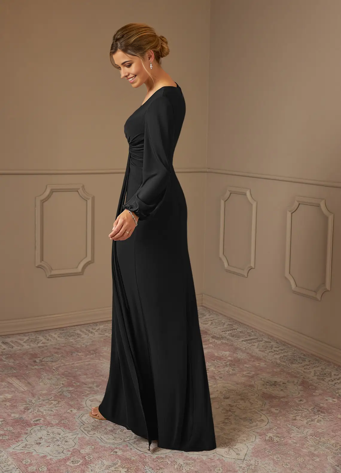 Sheath Pleated Long Sleeve Black formal dresses evening dress Mother of the Bride Dresses
