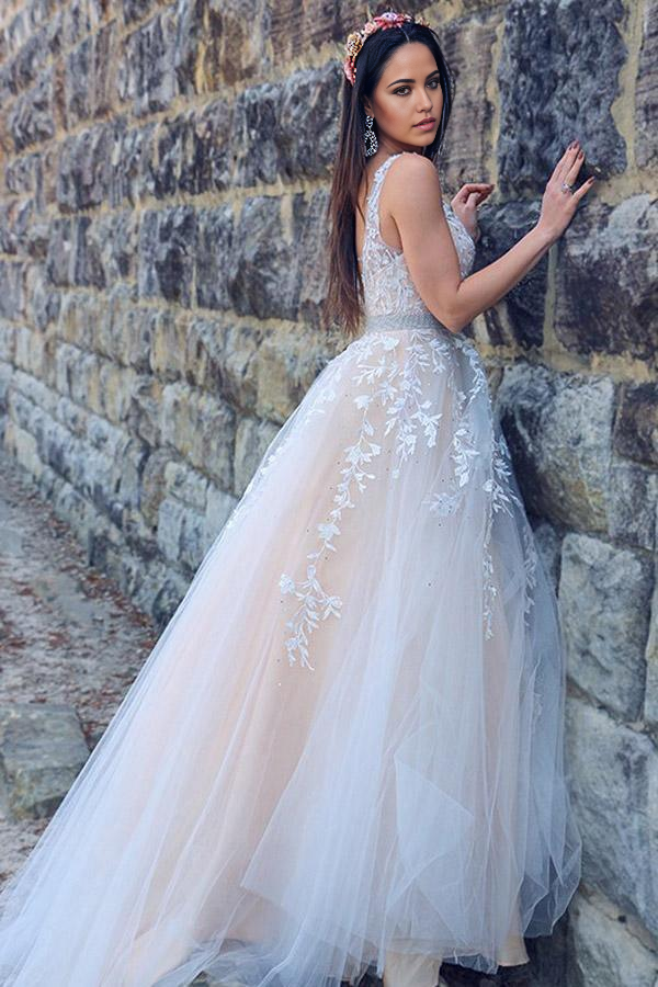 A-Line V-neck Princess Applique Tulle Sleeveless Sweep Train Wedding Dresses