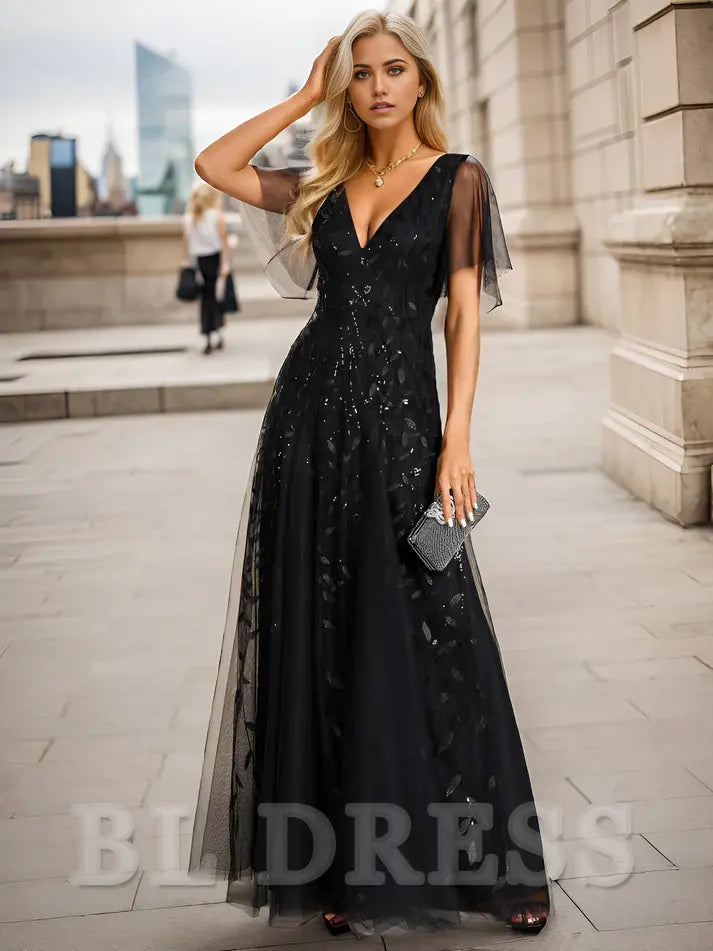 A-line Sequin Sparkly V-Neck Short Sleeve evening gown formal dress Prom Dresses