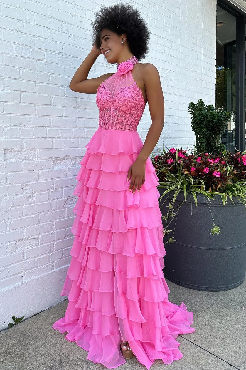A-Line Halter Neck Lace Top Long Tiered Chiffon Pink evening gown Prom Dress
