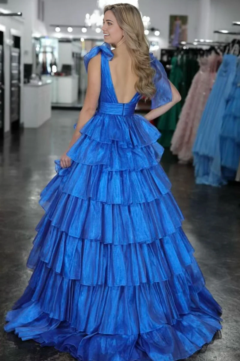A Line V Neck Tiered Satin Royal Blue Long Prom Dresses