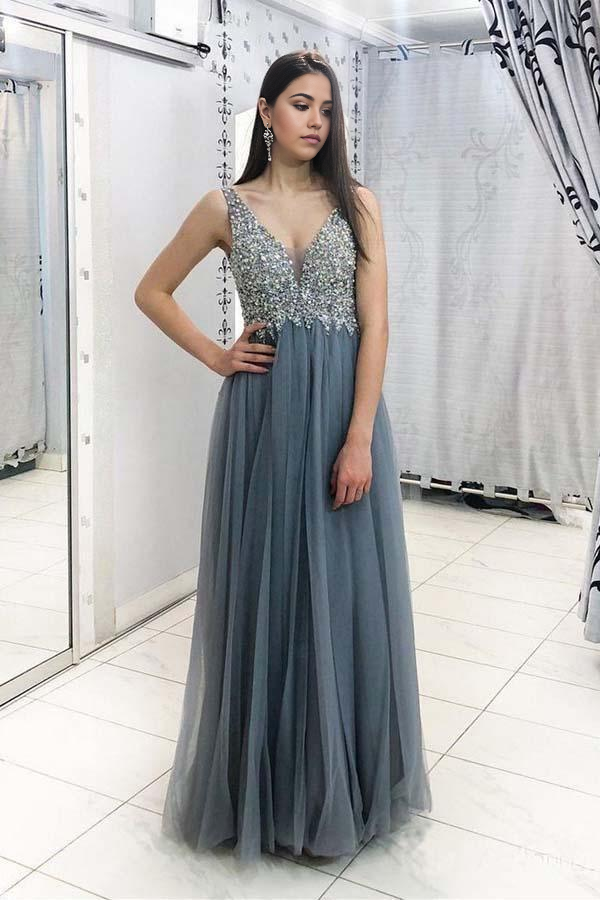 A-line V Neck Tulle Grey Beaded Long Prom Dresses Long Evening Dress