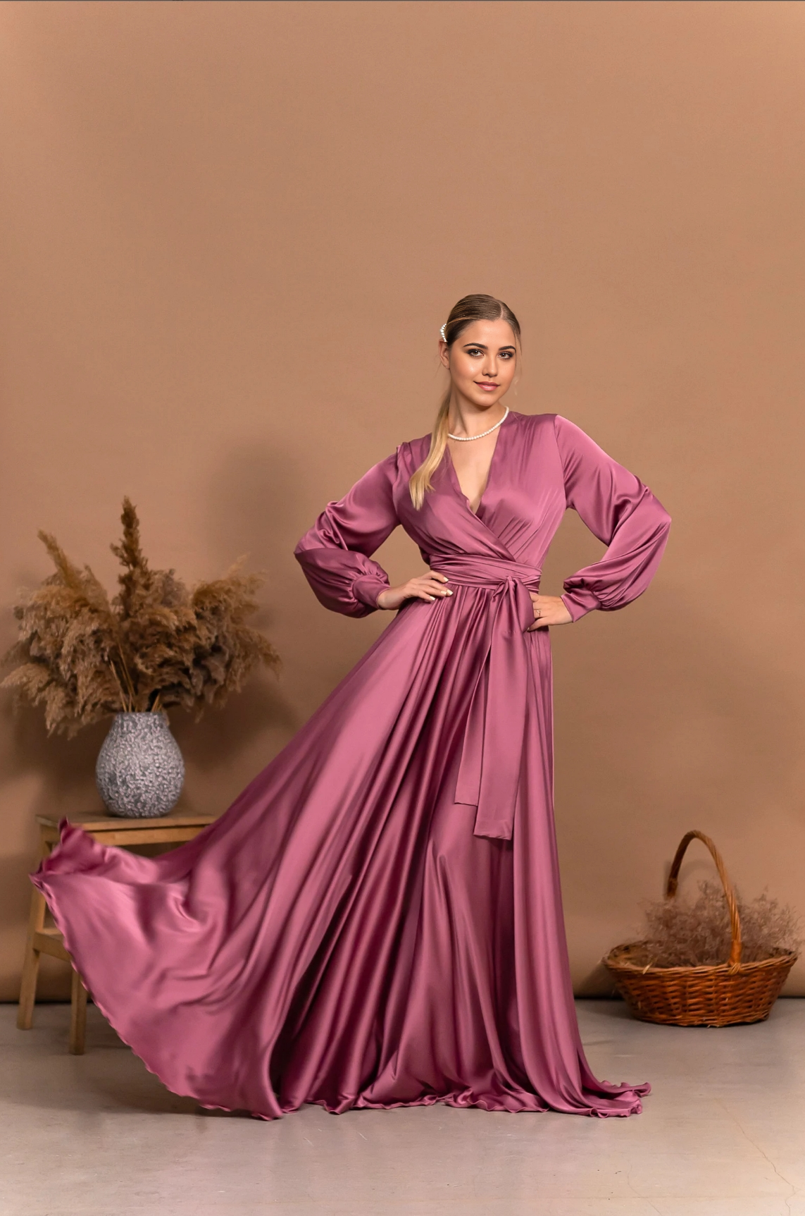 A-line V-Neck Long Sleeve Cocktail Dress Pink Bridesmaid Dress Formal Dresses for Wedding Guest Mother of the Bride Dresses