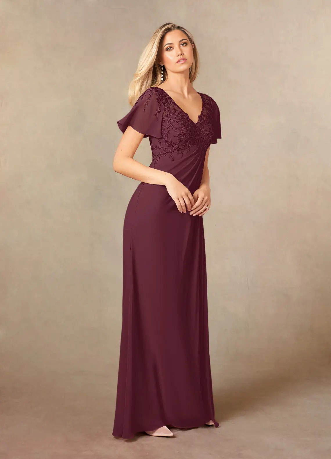 A-Line V-Neck Lace Appliques Chiffon Cabernet formal dresses evening dress Mother of the Bride Dresses