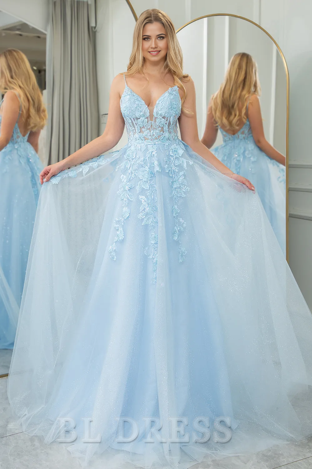A Line Backless Long Tulle Light Blue formal dress evening gown Prom Dress With Appliques