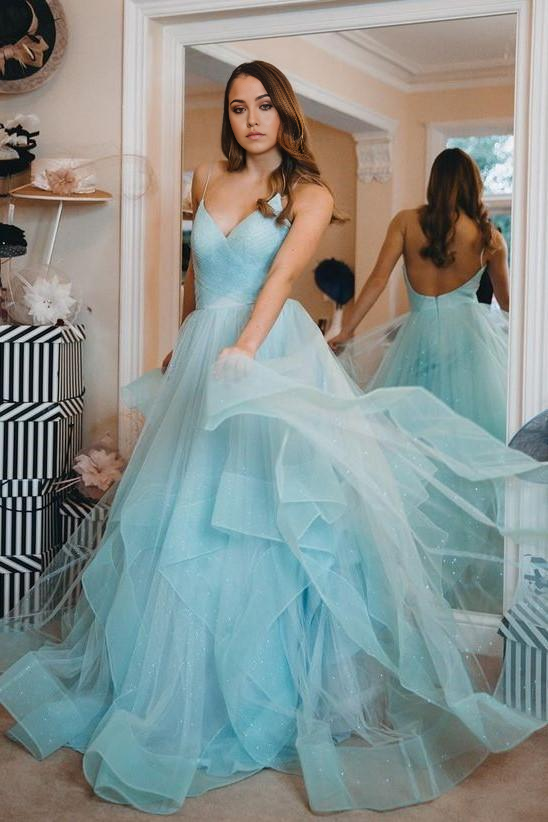 Sparkly Straps Ruffles Blue Long Prom Dresses Evening Dress with Open Back