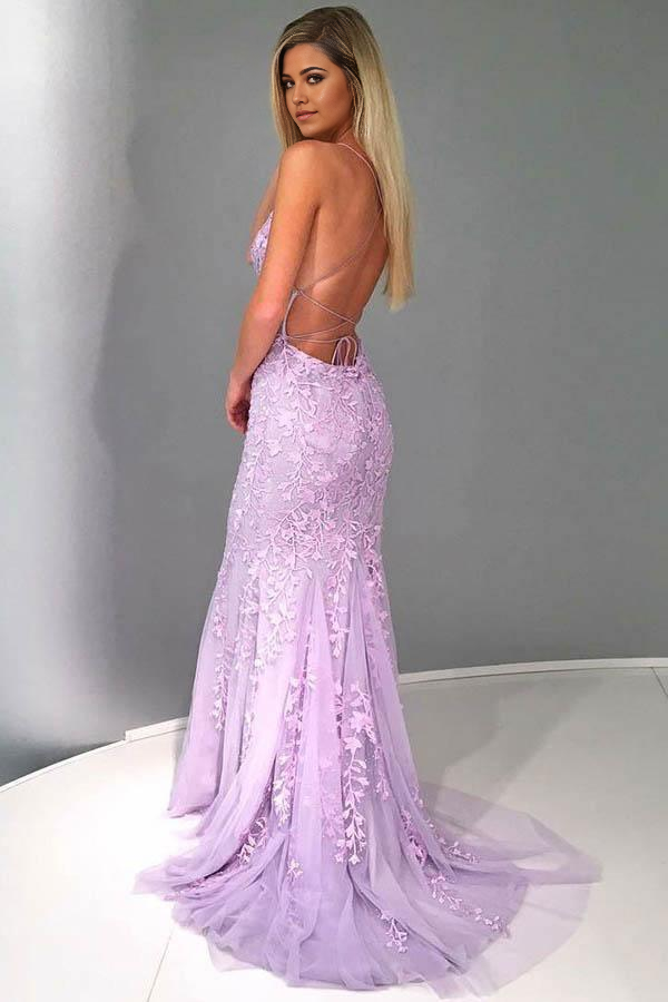 Mermaid Spaghetti Straps Lilac Tulle Prom Dress Evening Dress with Appliques
