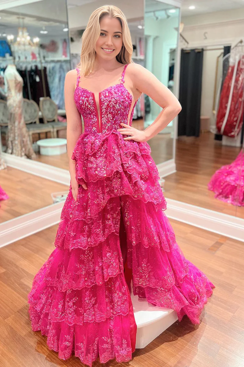 A Line V Neck Fuchsia Ruffle Tiered Long Prom Dress with Appliques