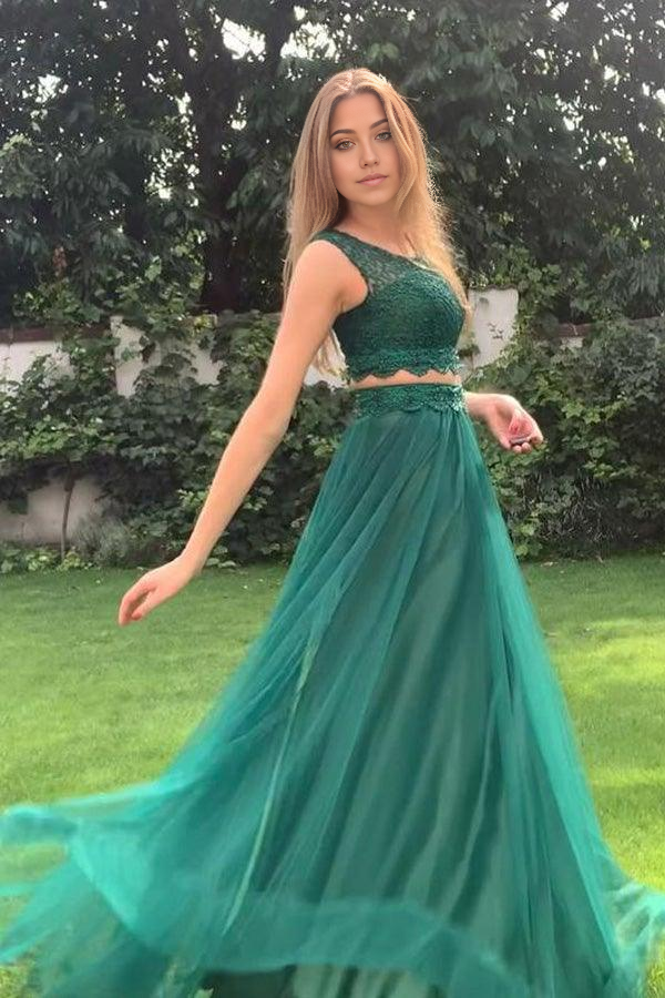 Two Pieces Tulle Scoop Neckline Evening Gown Prom Dresses With Appliqued