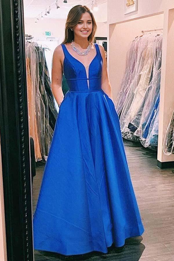 A-line V neck Blue Satin Long Prom Dresses Formal Dress with Pockets